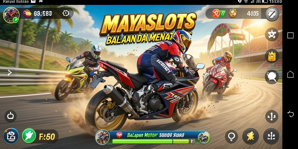 Screenshot gameplay <strong>MAYASLOTS</strong> menampilkan balapan motor dengan aksi cepat.