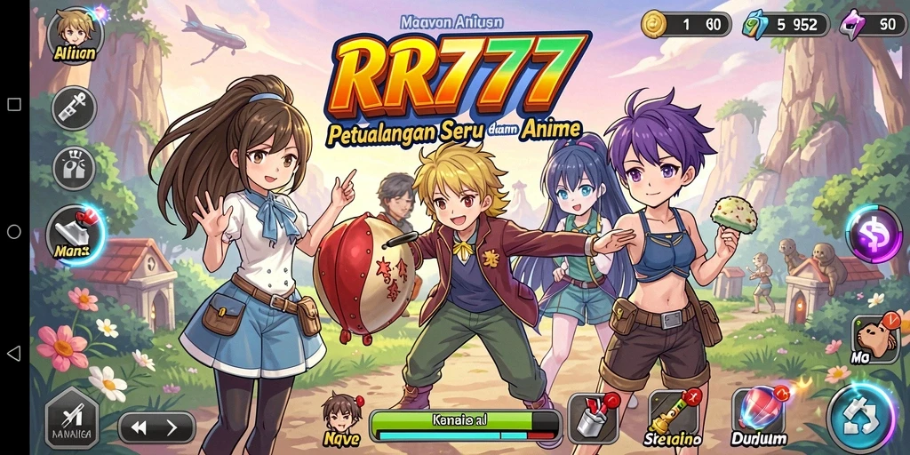 Tangkapan layar gameplay RR777 menampilkan pertarungan karakter anime yang seru.